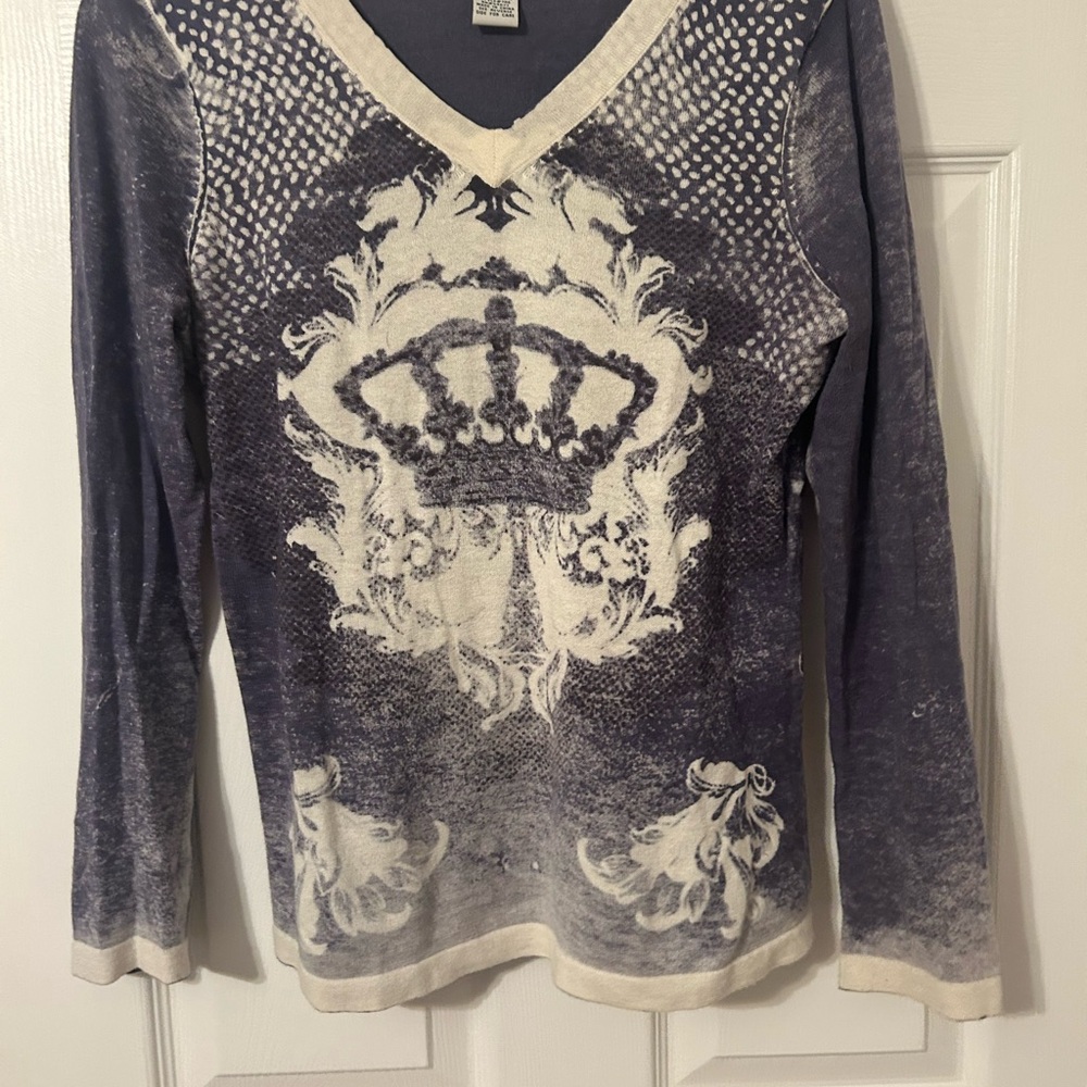 CAbi Blue and Cream V-Neck Reversible Top